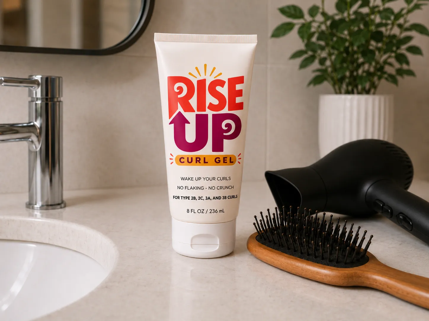 Rise Up Curl Gel tube on a bathroom counter